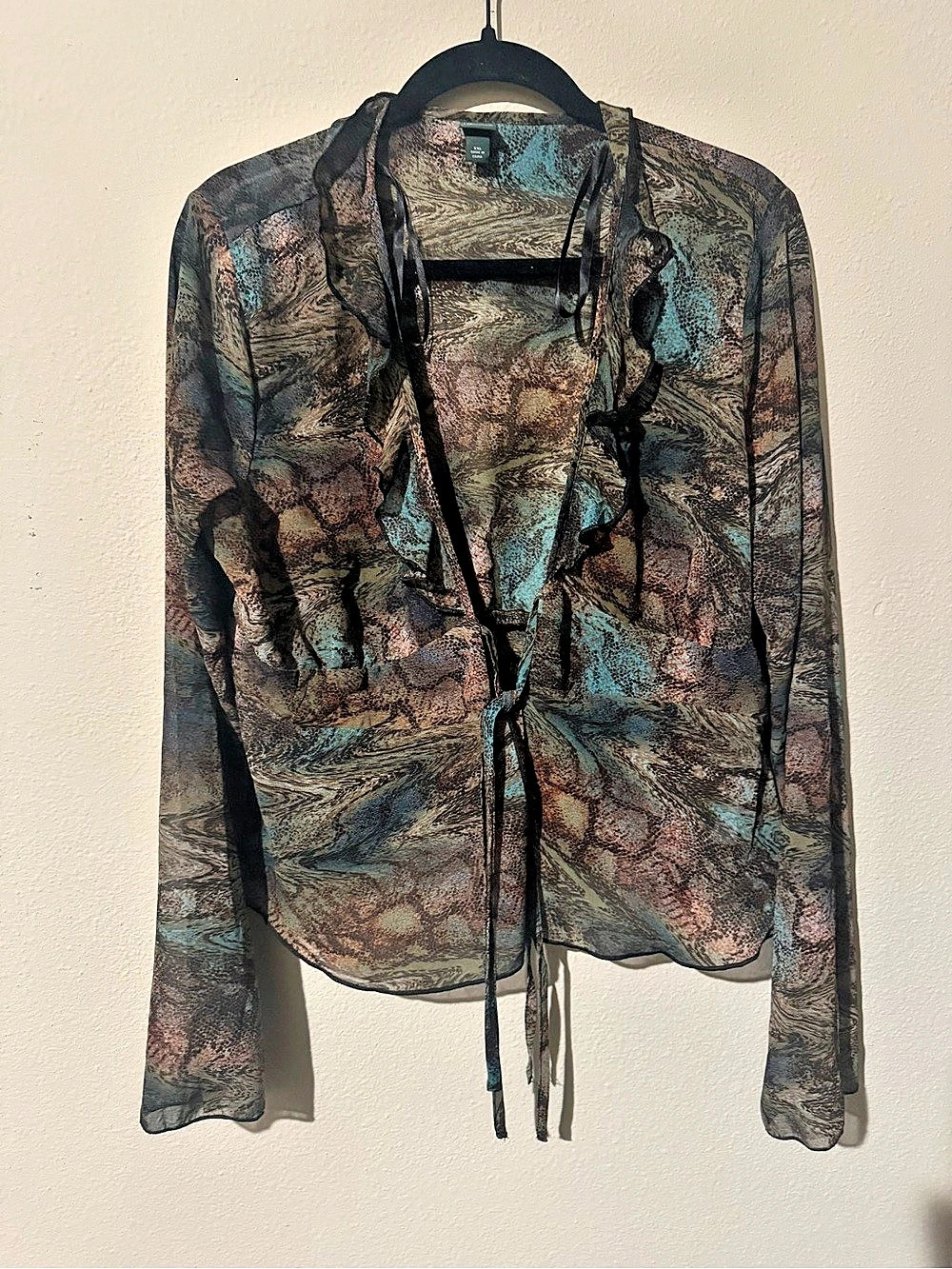 Free People Abstract Long Sleeve Blouse in Brown & Blue Size Medium